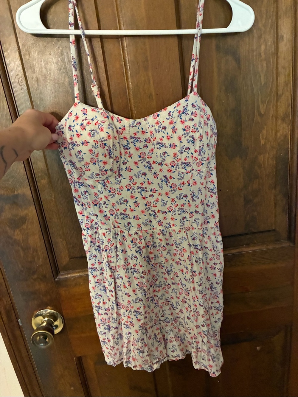 Floral Spaghetti-Strap Romper in Cream with Pink & Blue Flowers Medium
